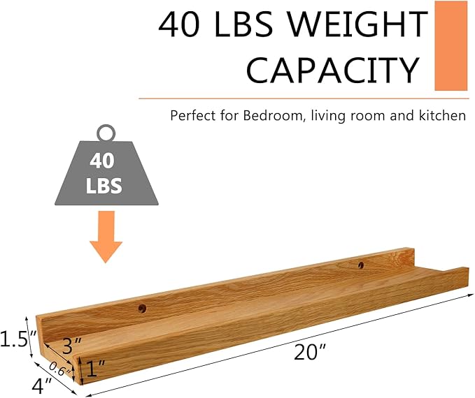 Floating Shelves Wall Mounted, Solid Oak Wood Shelf for Decor and Storage, Natural Picture Ledge for Bedroom Bathroom Living Room Kitchen, Natural Color, 20 * 4 * 1.5, Set of 2