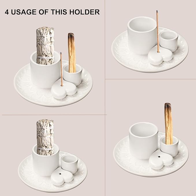 4 in 1 Incense Burner Holder,Incense Sage and Palo Santo Holder,Incense Stick Holder,Ceramic Incense Holder Ash Catcher,for Meditation Room (White)