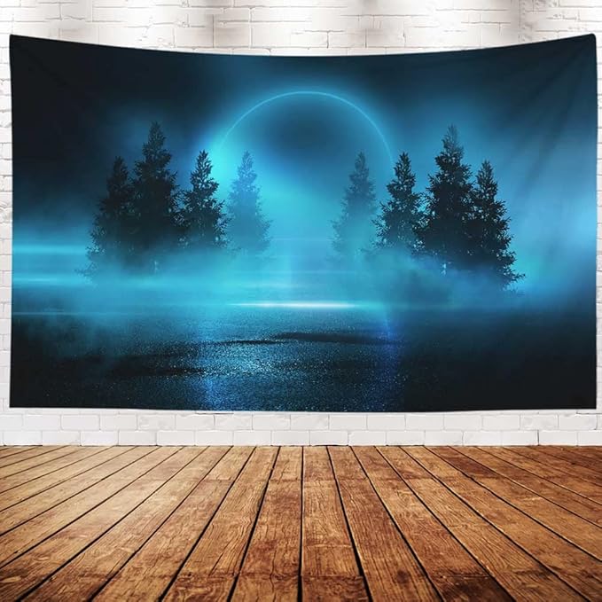 EMMTEEY Enchanted Forest Tapestry Moonlight Shine Dark Natural Scene with Reflection of in the Water Neon Blue 92.5X70.9 Tapestry