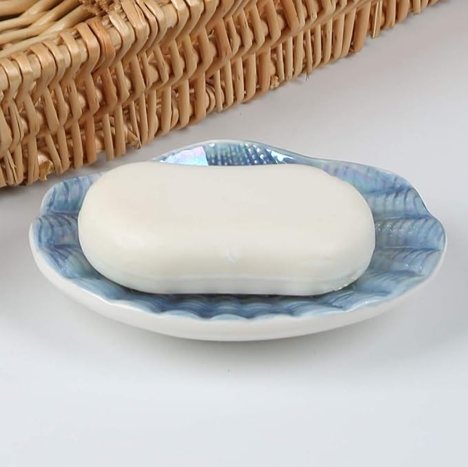 Ceramic Ocean Seashell Soap Dish, for Bathroom,Tub and Kitchen Sink-Blue