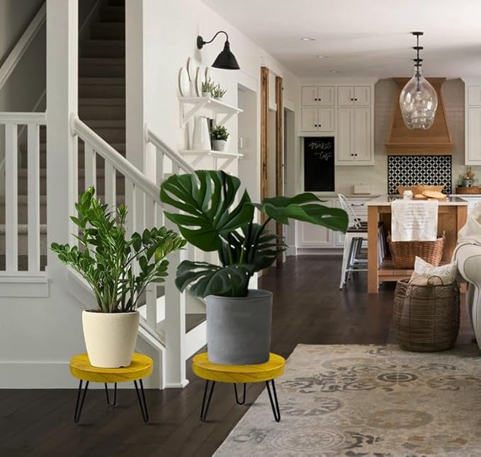 OBTAIN Plant Stand Indoor Outdoor Wood Mid Century Plant Stand for Indoor Plants, Modern Plant Table Round Plant Stool, Boho Rustic Wooden Stool for Plant Pot Hol (L)