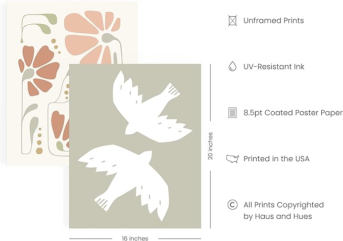 HAUS AND HUES Boho Pictures Wall Decor - Mid Century Modern Wall Art, Neutral Aesthetic, Botanical Wall Art Framed, Coral Artwork Wall Decor, Gallery Wall Frame Set (Unframed 16x20)