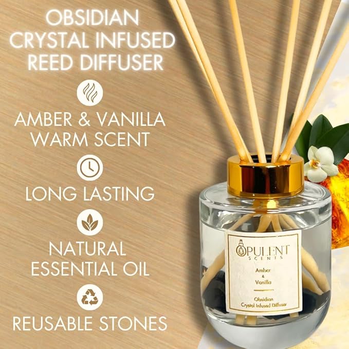 Crystal Candle & Diffuser Set with Obsidian – Amber & Vanilla Aroma by Opulent Scents | 100% Natural Soy Wax & Oils | Healing & Protection Gift for Home