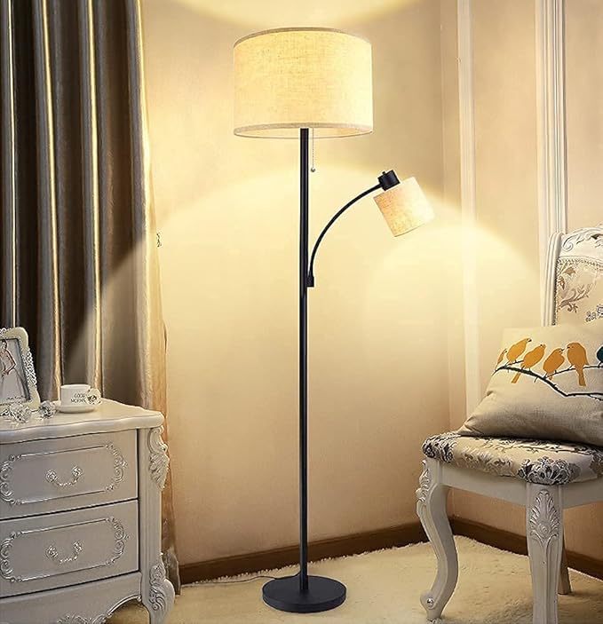 DLLT Living Room Standing Floor Lamps for Reading, Modern Tall Pole Lamp for Contemporary Home with Adjustable Side Light, Mid-Century Industrial Lighting with Drum Shade for Bedroom, Office, Metal