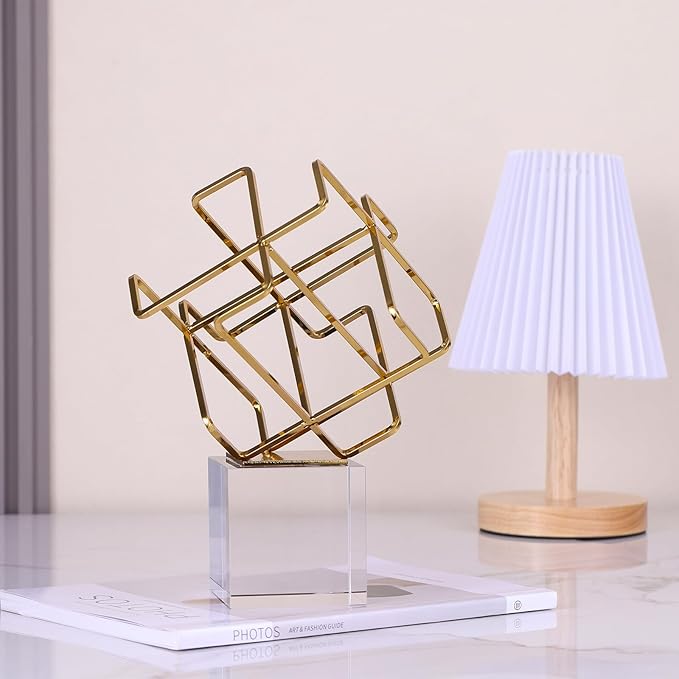 DOVDOV Gold Geometric Decoration, Metal Geometric Knot Statue with Crystal Base, Unique Home Decor for Room Office Display Shelf Entryway Model Home Decor