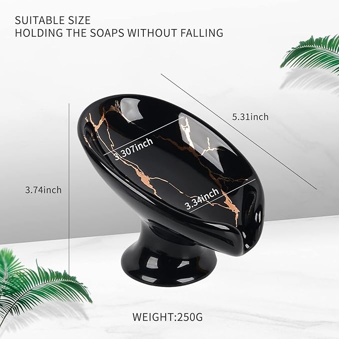 Soap Dish, Ceramic Soap Holder Self Draining Leaf Shape Bar Soap Holder, Marble Look Black Drain Soap Dish Holder for Bathroom, Easy to Clean Keeps Soap Dry, ANTIS'S HOME