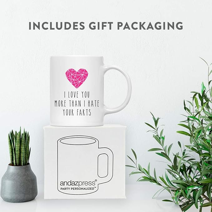 Andaz Press Valentine’s Day Funny 11oz. His Her Couples Coffee Mug Gift, I Love You More Than I Hate Your Farts, Pink Heart Graphic, 1-Pack, Gift Box
