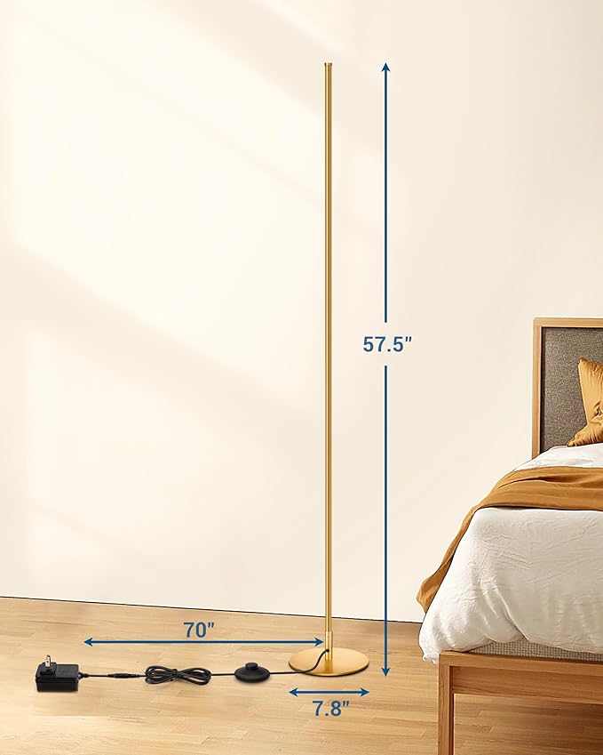DEWENWILS Floor lamp, 1100Lumen Modern Dimmable Corner Floor Lamp with 3000K Warm Light & Foot Switch, 57.5" Tall Standing Lamp for Living Room, Bedroom, Gold