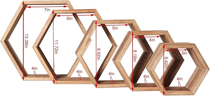 PHOENANCEE Hexagon Floating Shelves,Honeycomb Shelf Set of 5,Octagon Shelves Wall Mounted Hanging Storage Cube Wood for Bathroom Kitchen Bedroom Living Room Office Home