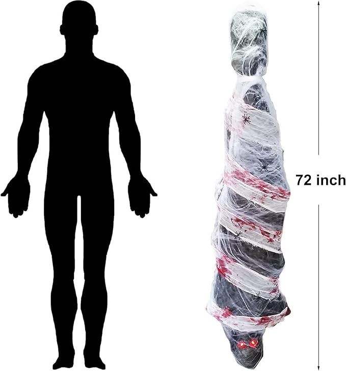 Zcaukya Halloween Decorations, 72 Inch Hanging Spooky Scary Creepy Mummy Decoration with LED Glowing Eyes and Voice Activated for Halloween Party, Haunted House, Yard, Ceiling, Indoor Outdoor Decor