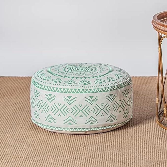 MOCOFO Unstuffed Round Pouf Covers Boho Colorful Geometric Ottoman Pouf Cover with Handle Design,Decoration Footstool for Living Room,Bedroom,Patio (Light Green,18x18x8)