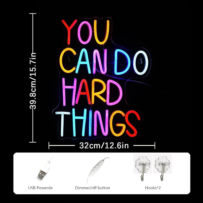 You Can Do Hard Things Neon Sign - Dimmable LED Neon Signs for Wall Art, Kids Room Decor, USB Powered Neon Light for Bedroom, Birthday Party, Classroom Backdrop