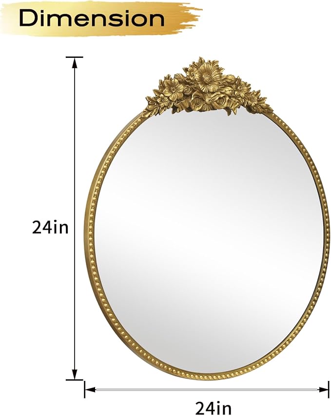Round Baroque Style Antique 24" Metal Circle Vintage Mirror, Wall Mounted Decorative Mirror for Entryway,Bathroom,Vanity, Retro Gold