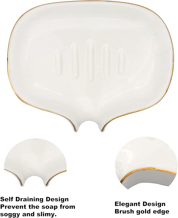 White Soap Dish Ceramic Self Draining Soap Dish Waterfall Slot Gold Edge Bathroom Accessories for Bathroom, Kitchen,Bar Counter