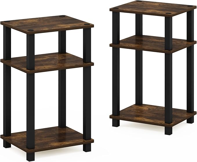Furinno Just 3-Tier Turn-N-Tube End Table/Night Stand/Bedside Table, 2-Pack, Amber Pine/Black
