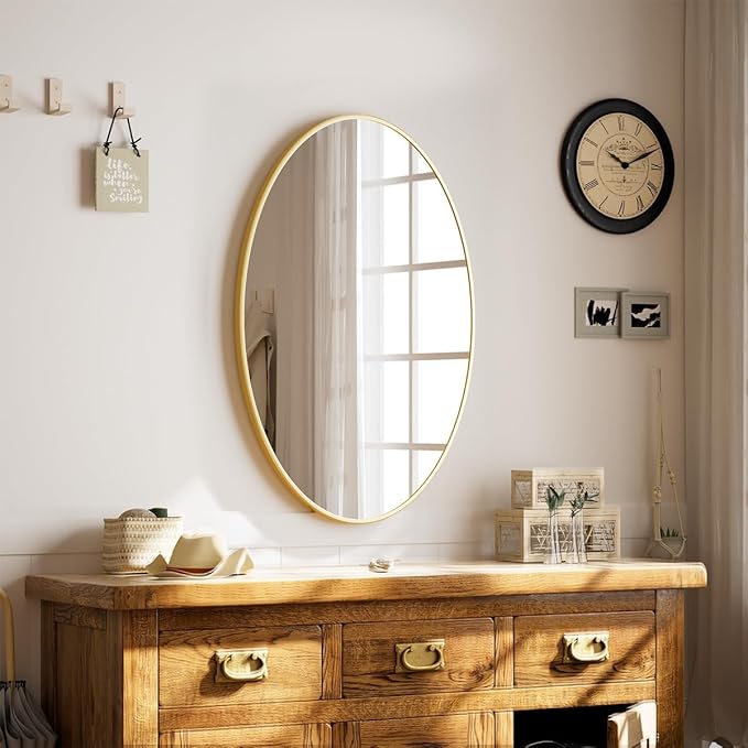 Gold Oval Bathroom Mirror, 20 x 28 inch Modern Oval Wall Mounted Vanity Mirror with Tempered Glass Hanging Horizontally or Vertically, Gold