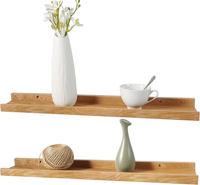 24 Inch Floating Shelves Wall Mounted Set of 2, Rustic Wall Shelves for Decor and Storage, Natural Solid Oak Wood Shelf, Picture Ledge for Bedroom/Bathroom/Living Room/Kitchen, Natural Color, 24*4*1.5