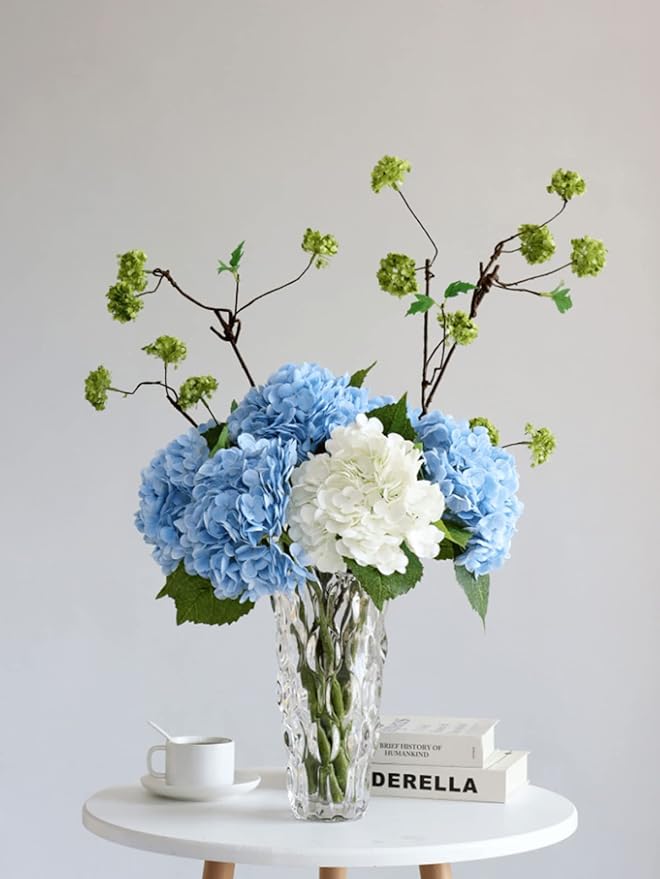 YalzoneMet Hydrangea Artificial Flowers 4 Pcs 2 White 2 Light Blue 21 inch Long Rod Real Touch Lifelike Fake Latex Hydrangea for Home Party Outdoor Wedding Gifts Christmas Decor Table Centerpiece