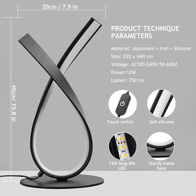 NUÜR Modern Table Lamp, Stepless Dimmable LED Spiral Lamp for Living Room, Contemporary Nightstand Lamp, Black Bedside Table Lamp for Bedroom, Home, Office