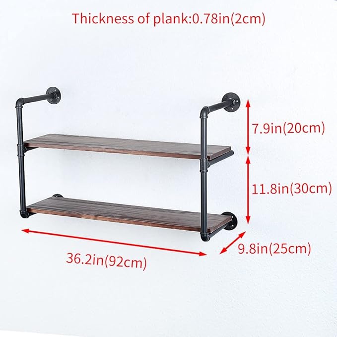 Industrial Pipe Shelving Wall Mounted,36in Rustic Metal Floating Shelves,Steampunk Real Wood Book Shelves,Wall Shelf Unit Bookshelf Hanging Wall Shelves,Farmhouse Kitchen Bar Shelving(2 Tier)