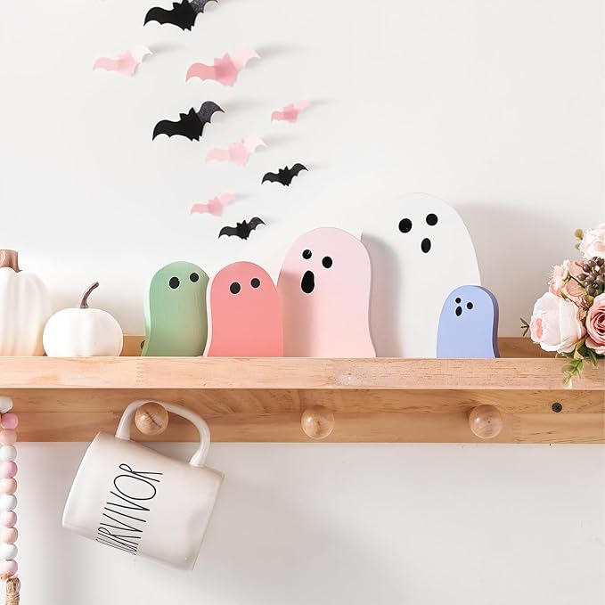 Halloween Table Decorations Indoor: 5ct Halloween Cute Ghost Decorations, Pink White Macaron Colors Ghosts Wood Signs, Pastel Girly Halloween Desk Decor for Mantel Home Office Farmhouse Party Gifts