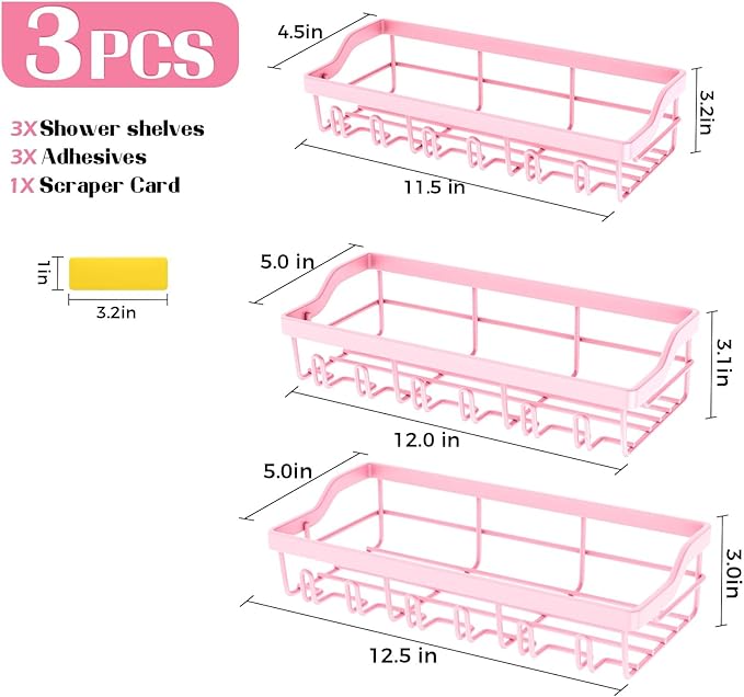 3 Pack Shower Caddy - Adhesive Shower Organizer, Rustproof Stainless Steel Shower Shelves, No Drilling, Large Capacity Shower Rack Shelf for Bathroom, Pink