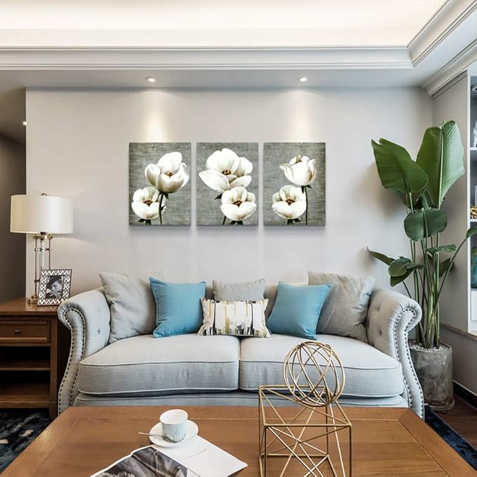Large Wall Decor Living Room Canvas Wall Art For Bedroom Gray Green Vintage Style White Flowers Wall Painting Abstract Pictures Artwork Wall Decorations For Kitchen Modern Room Home Decor 3 Piece
