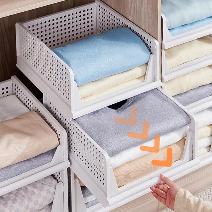 yazi 3 Pack XL Folding Closet Organizers Storage Box, Stackable Closet Storage Box, XL Plastic Drawer Organizer, 3XL Stackable Storage Bins Storage Drawers for Clothing, Closet Shelf Organizer