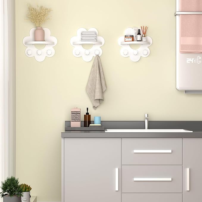 Floating Shelf for Wall, Hanging Display Wall Shelf with Hooks Wooden Daisy Flower Shelf for Bathroom Living Room Bedroom Wall Decor, White