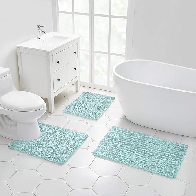 Walensee Bathroom Rug 2 Pieces Set Non Slip Bath Mat (20"x32" Plus 20"x32" spa Blue) Water Absorbent Super Soft Shaggy Chenille Machine Washable Dry Extra Thick Perfect Carpet for Shower Floor