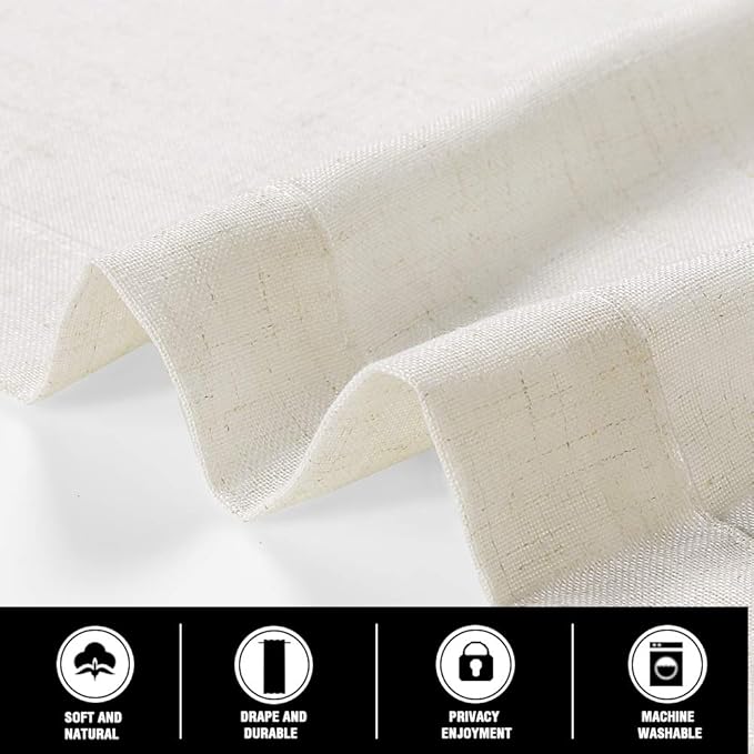 PrinceDeco Linen Curtains 63 inches Long for Bedroom Rod Pocket Curtains Modern Farmhouse Coastal Decor Elegant & Casual Curtains for Dining Room Office, 2 Panel Set,Ivory