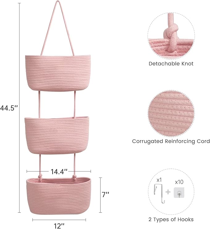 TeoKJ 3-Tier Wall hanging Storage Bags, Over the Door Organizer, Decorative Cotton Rope Hanging Baskets, Pink