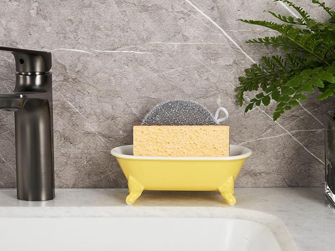 6.5" Ceramic Mini Decorative Clawfoot Bathtub Bar Soap Dish, Kitchen Sponge Holder and Shower Tray for Bathroom, 1 Pack(Yellow)