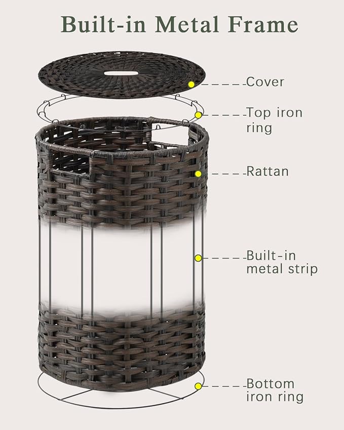 Laundry Hamper with Lid, 19.0 Gal (72 L) Round Wicker Laundry Basket, Handwoven Rattan Basket with Lid, Removable Bag, 2 Mesh Bags, Handles for Living Room, Bathroom, Brown