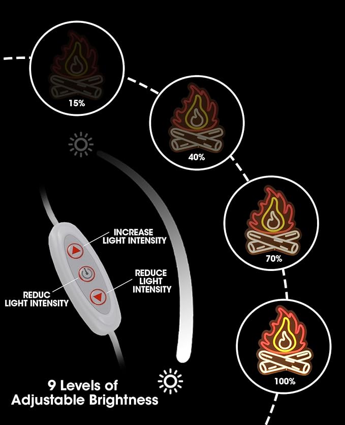 Happy Camper Campfire Neon Signs for Wall Decor - Camper Decor with 9-Level Brightness Adjustment, USB Powered Flame Neon Lights for Camping, RV, Trailer and Indoor Fire Decoration