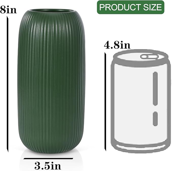 Green Ceramic Vase for Flowers, 8 INCH Modern Small Ribbed Textured Green Flower Vase for Home Decor, Pampas Grass, Decorative, Farmhouse, Coffee Table, Bookshelf and Home Living