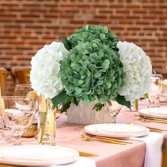 Dark Forest Green Silk Hydrangea Artificial Flowers, 4Pcs 22Inch Full Fake Artificial Hydrangeas with Stems for Bouquet Table Centerpieces Home Decoration Porch Outdoor