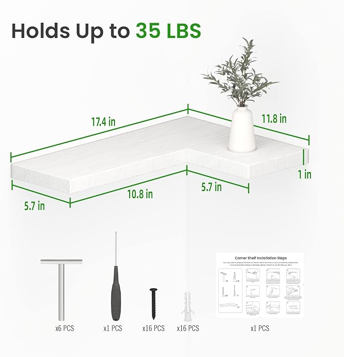 NATURE'S SOURCE Corner Floating Shelves with Invisible Brackets, Corner Shelves Wall Mounted Set of 3, Bedroom Bathroom Kitchen Living Room Office- Modern Style 17" x 6" (White)