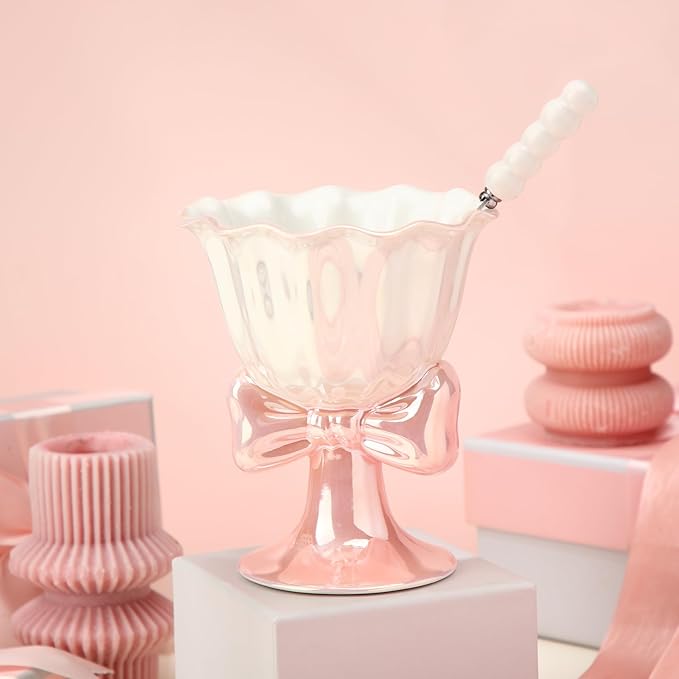 Yungyan Pink Bow Ice Cream Cup with Pearl Glaze Ceramic Bow Knot Cute Coffee Mug with Stainless Steel Pearl Spoon Coquette Stuff Preppy Aesthetic Gift Set for Women Holiday Birthday