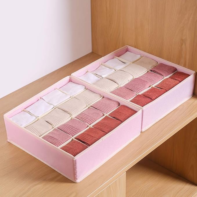 Qozary 2 Pack Socks Underwear Drawer Organizer Divider, 24 Cell or 16 Cell Collapsible Cabinet Closet Organizer Storage Boxes for Clothes, Socks, Lingerie, Underwear, Ties