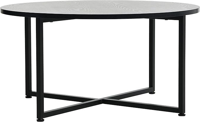 Household Essentials Jamestown Round Coffee Table Black Oak Wood Grain and Black Metal