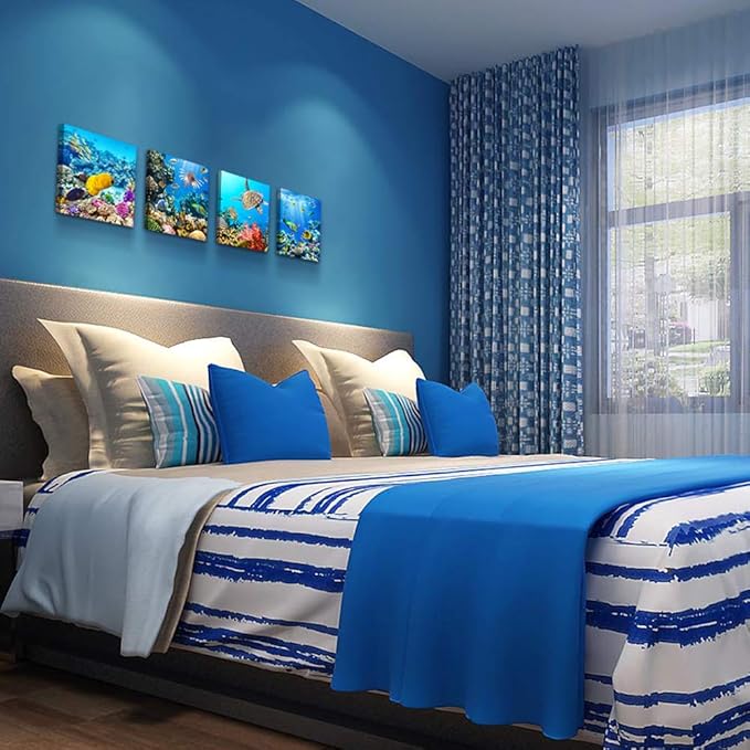 Bathroom Wall Decor Canvas wall art for living room Coral and Fish Modern Home Decor 4 Panels Stretched and Framed Ready to Hang blue Ocean Theme Sea Fish and sea Turtles undersea world Canvas Prints