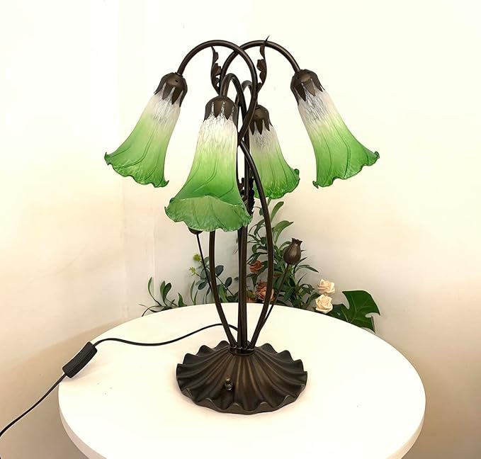 Bieye L10857 Lily Flower Blown Glass Accent Table Lamp for Living Room Bedroom Decoration (4-Light, Green)