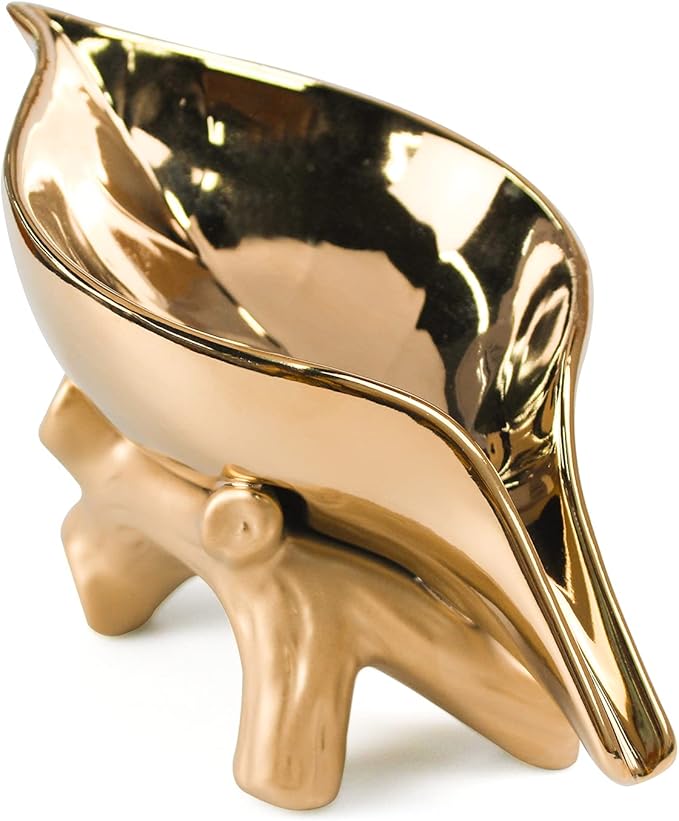 Leaf Soap Dish for Shower,Ceramic Soap Holder with Stump Bathroom Ring Dish Holder for Jewelry Engagament Wedding Birthday Gifts Gold