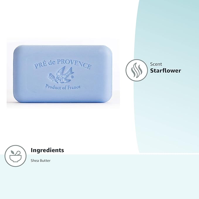 Pre de Provence Artisanal Soap Bar, Natural French Skincare, Enriched with Organic Shea Butter, Quad Milled for Rich, Smooth & Moisturizing Lather, Starflower, 5.3 Ounce