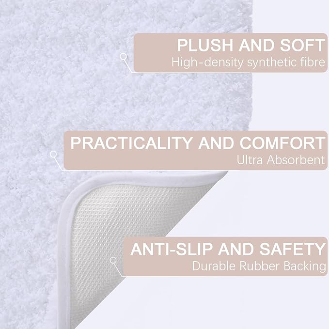 AROGAN Luxury Long Bathroom Runner Rug, 20x30 Inch Thick Soft and Absorbent Microfiber Non Slip Bath Mat, Rubber Backing Quick Dry Rugs Carpets, Machine Washable Plush Mats for Shower Floor, White
