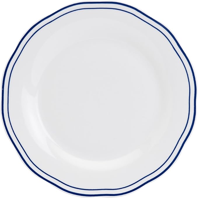 Tabletops Gallery 12-Piece White with Blue Striped Ceramic Dinnerware Set of Kitchen Dishes, Scalloped Dinner Salad Plates Cereal Bowls, Service for 4, Vintage Stripe