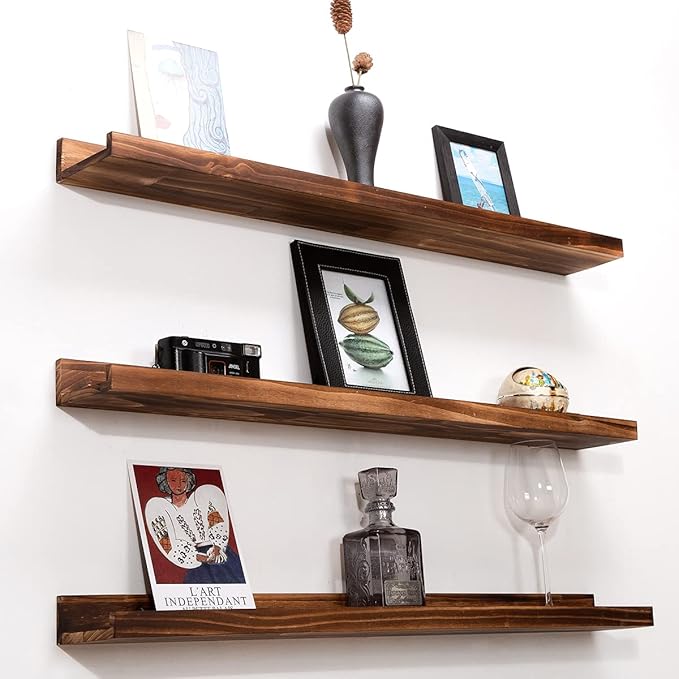 MBYD 48 Inch Picture Ledge Shelf Set of 3, Wall Mount Carbonized Burnt Black Floating Wall Shelves Photo Ledge Natutal Pine Wood for Bedroom, Living Room, Office, Kitchen, Bathroom Same Dimensions