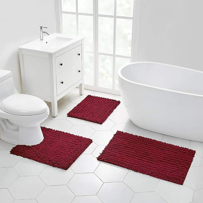 Walensee Bathroom Rug Non Slip Bath Mat (36x24 Inch Red) Water Absorbent Super Soft Shaggy Chenille Machine Washable Dry Extra Thick Perfect Absorbant Best Large Plush Carpet for Shower Floor