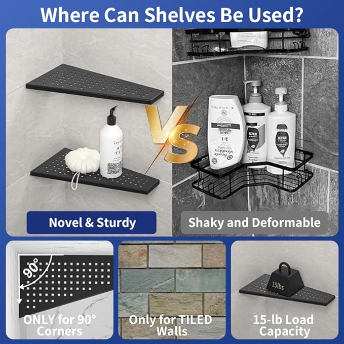 Corner Shower Shelf, Matte Black 12" Trapezoid Floating Shampoo Shelf, 304 Stainless Steel Grid Design Recessed Bathroom Shelf for Tiled Wall, No Drilling